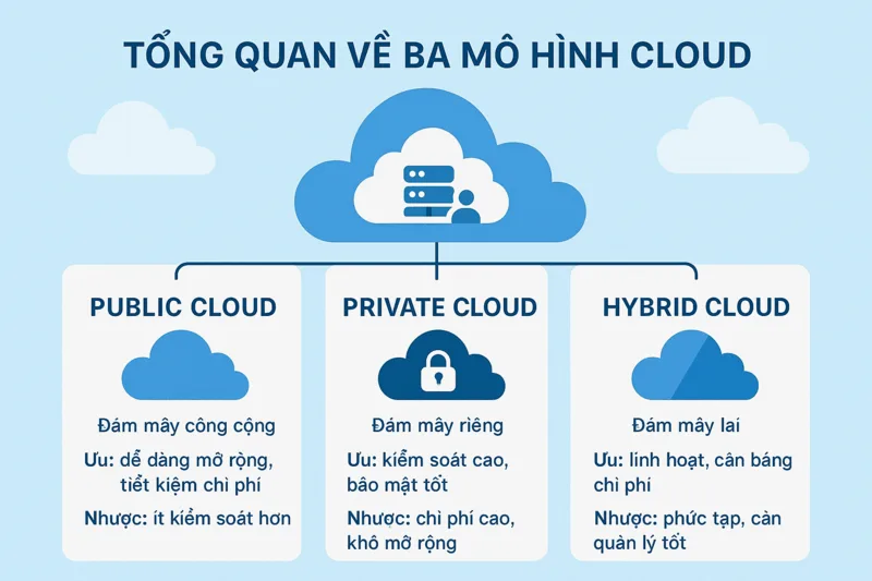 Public Cloud, Private Cloud và Hybrid Cloud là ba mô hình triển khai phổ biến