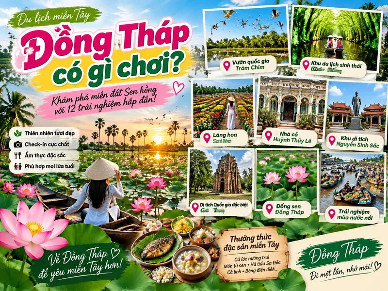 Đồng Tháp hấp dẫn với cảnh sông nước, rừng tràm, đồng sen và nét văn hóa đặc trưng miền Tây.